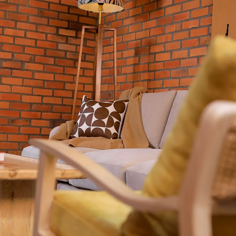 Living room with a sofa, a floor lamp and a wooden armchair